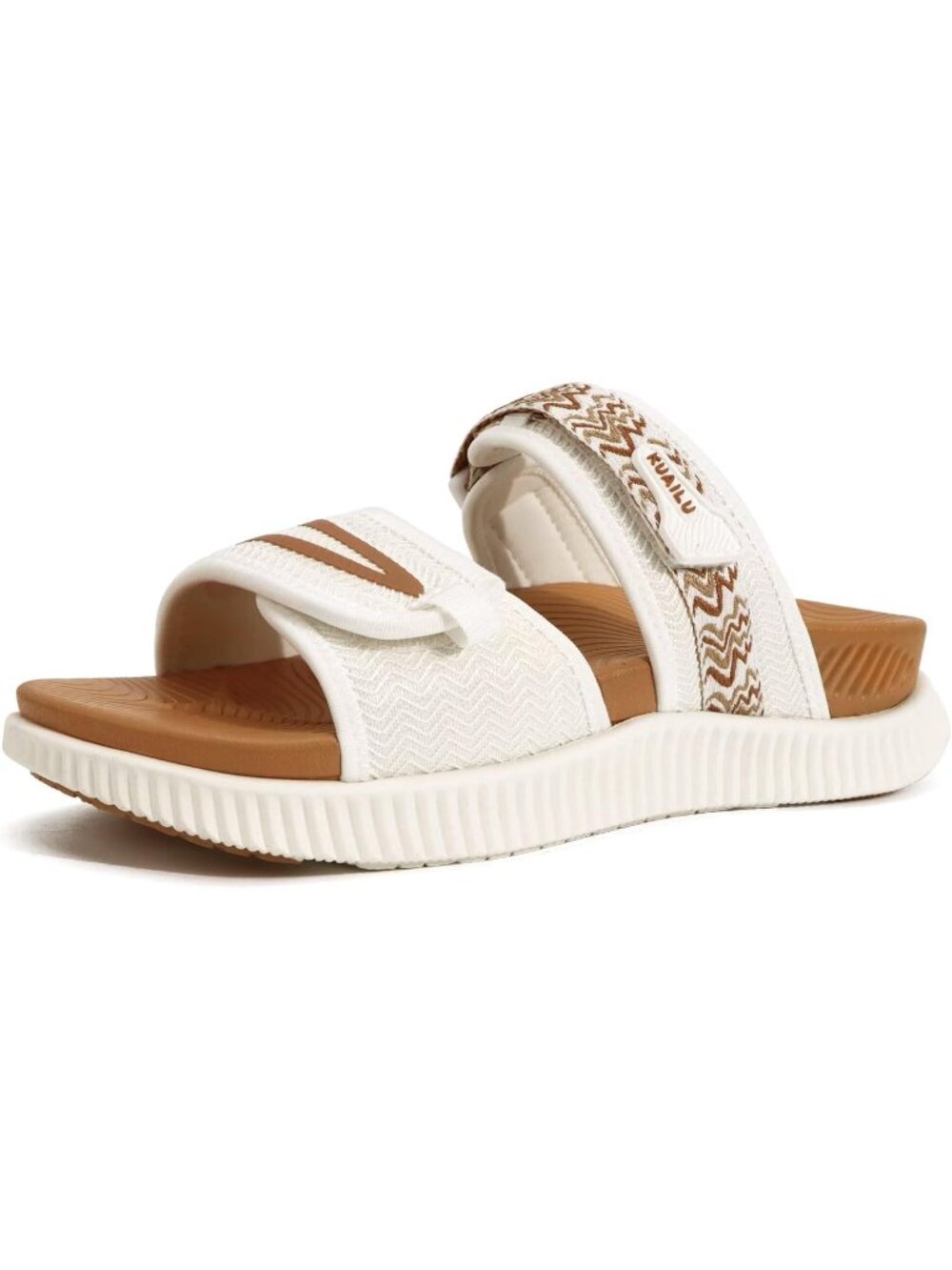 Women's White Khaki Athletic Thick Recovery Adjustable Strap Walking Sandals